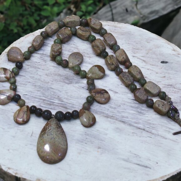 NEW Handmade Picture Jasper Stone Tears Statement Necklace. One of a Kind! - Picture 2 of 5